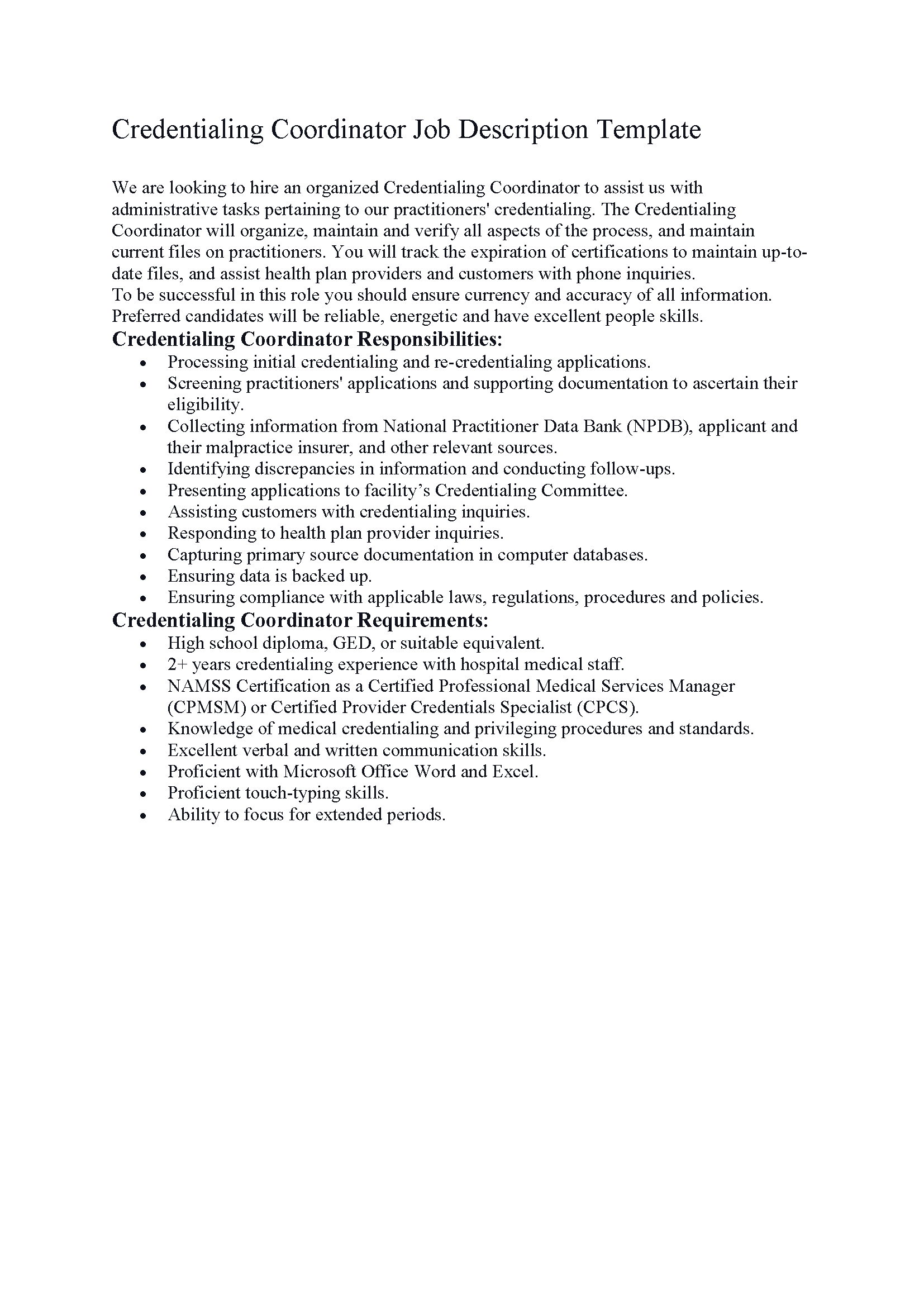 Credentialing Coordinator Job Description Template
